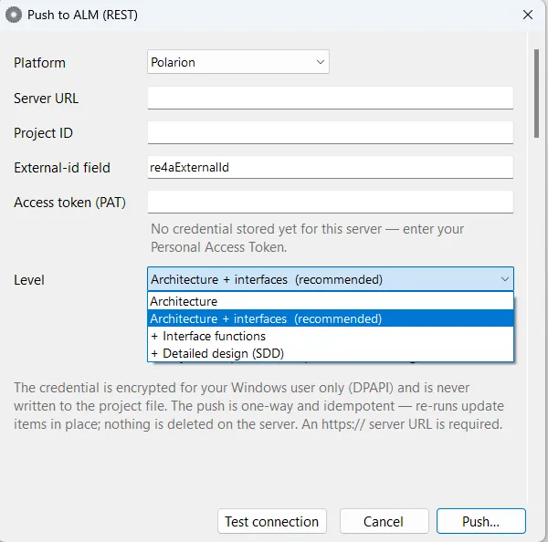 ALM export dialog