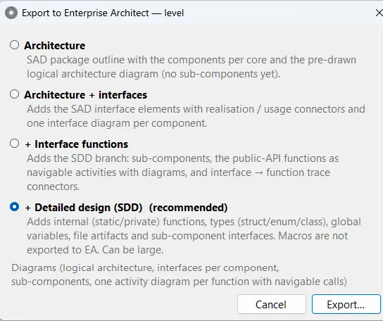 Enterprise Architect export dialog