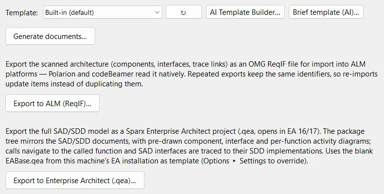 Generate tab: document, ReqIF and Enterprise Architect exports
