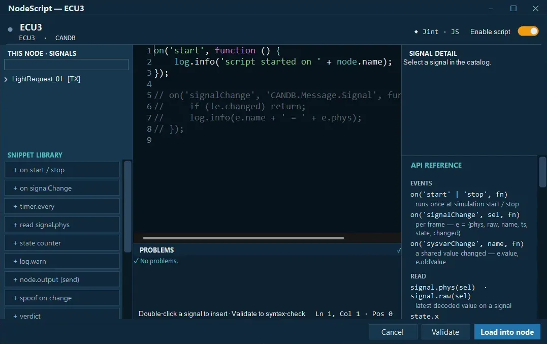 NodeScript dialog for a simulated node