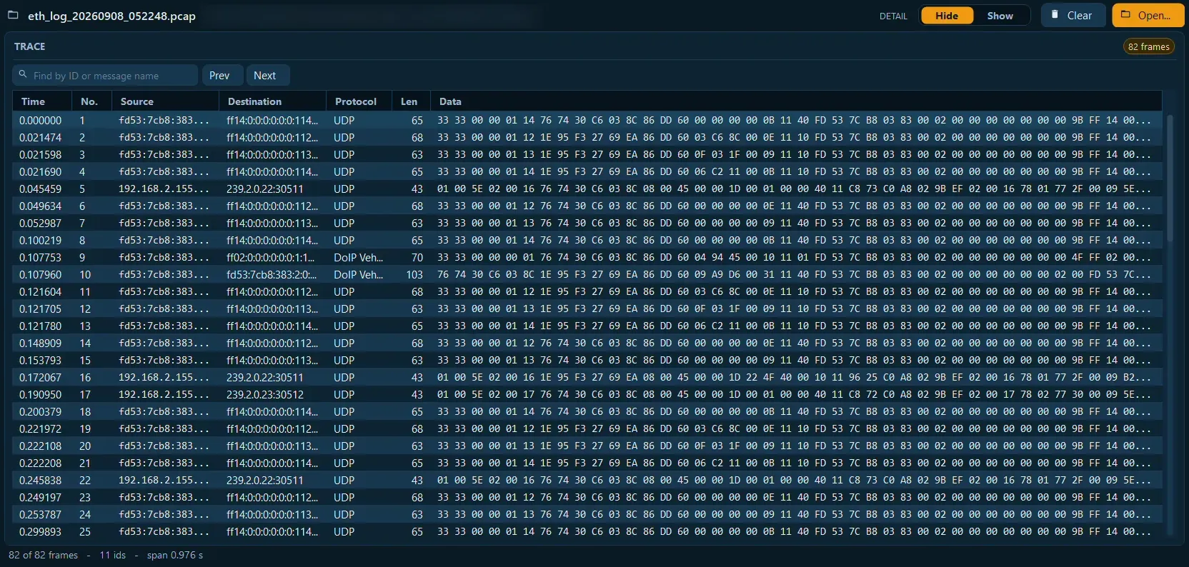 Decoded PCAP trace table